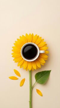 Creative Flat Lay of Black Coffee Cup Inside Sunflower Bloom on Minimal Background for Morning Inspiration, Floral Design, Cafe Branding, and Seasonal Lifestyle Concepts