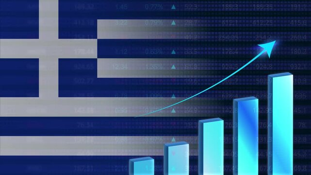 Greece economy growth concept background.Greek stock exchange.Greece flag with stock market graph and bar