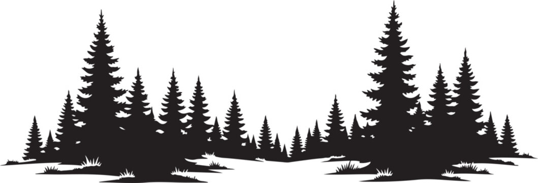Pine tree forest, black silhouette, evergreen trees, landscape icon