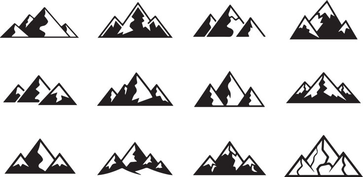 Mountain, Peak, Icon Set, 15 Black Silhouette Graphics