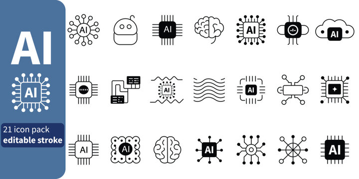  A diverse collection of artificial intelligence line icons depicting modern technology, machine learning, neural networks, and data processing concepts