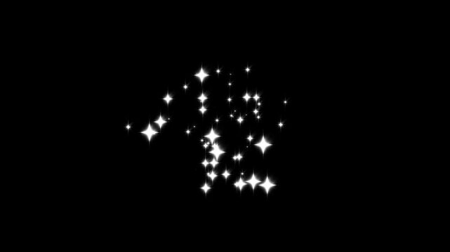 White cartoon twinkling stars animation, glitter sparkle twinkle effect, flat vector doodle shining stars, glowing light trail, blinking magic sparkle,   black screen background.4k