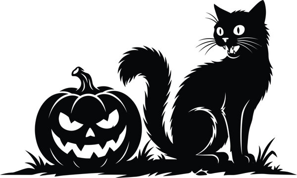 Spooky Black Cat and Halloween Pumpkin Silhouette Illustration