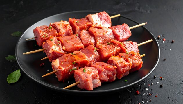 Close-up of raw meat skewers arranged artfully on a black plate, with herbs and peppercorns