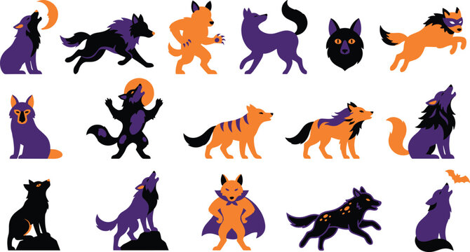 Halloween werewolf and wolf character icon collection featuring spooky cartoon fantasy creatures with flat vector illustration set