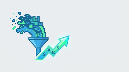 Fototapeta premium Data driven insights flow through funnel transforming into financial growth shown by upward arrow with currency symbols