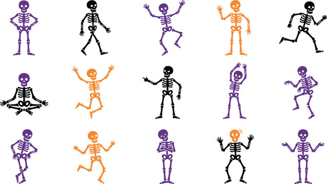 Halloween skeleton character icon collection featuring playful cartoon skeletons with expressive poses and flat vector illustration design set