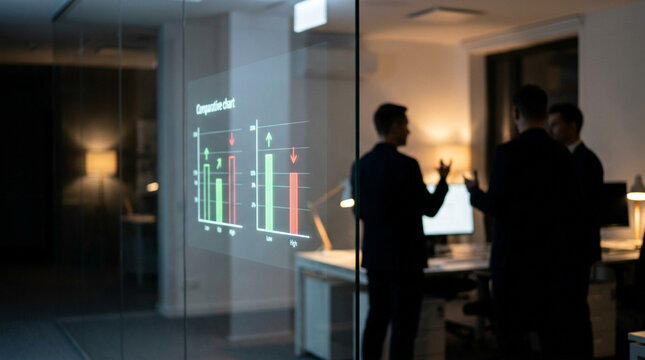 Data driven insights illuminate business growth as professionals analyze comparative chart in modern office at night