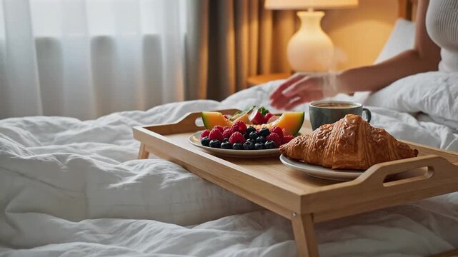 Young Caucasian woman is served a fresh breakfast tray with coffee and fruit in her white bed.
