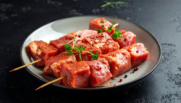 Close-up of raw meat skewers, seasoned and ready for grilling, arranged neatly on a grey plate against a dark, textured background