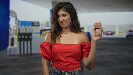 Woman holding muffin near petrol station pumps on street in red off shoulder top grimacing  disgust. © Krakenimages.com