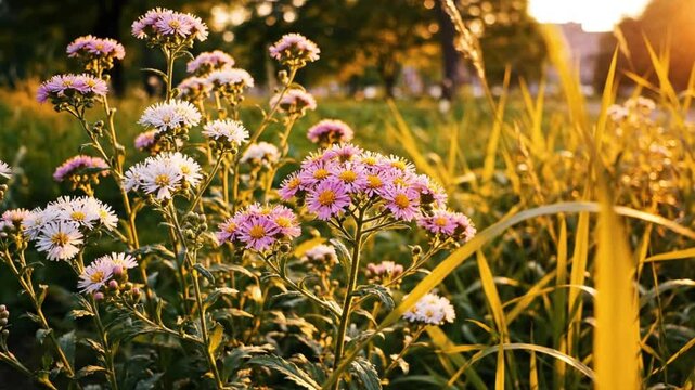 Beautiful wild asters with pink and white petals blooming in a field bathed in golden sunlight during the golden hour