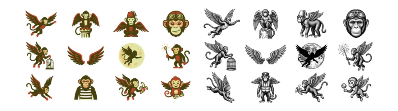 Set of flying monkey character illustrations with wings in color and engraved vintage style