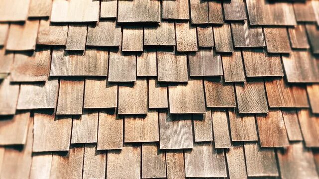 Close up of wooden shingles wall texture, traditional Black Forest architecture detail footage as a warm rustic background for nature craft and travel content 16:9