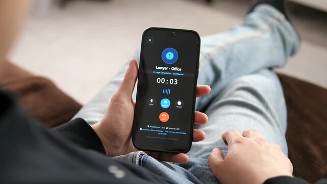A user connects with an attorney for instant legal advice. The call actively progresses with an 8-second duration, marked by a confidential notice. 