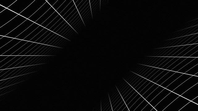 Abstract black and white wireframe tunnel background. Rotating dark geometric grid hallway for modern futuristic retro design.
