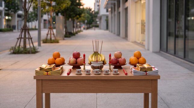 Roadside offering table, Hungry Ghost Festival altar, Fruit tea incense arrangement, Urban sidewalk ritual scene, Clean cultural stock photo