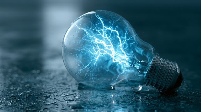 Glowing electric light bulb with vibrant blue energy sparks, symbolizing innovation, ideas, and bright future concepts