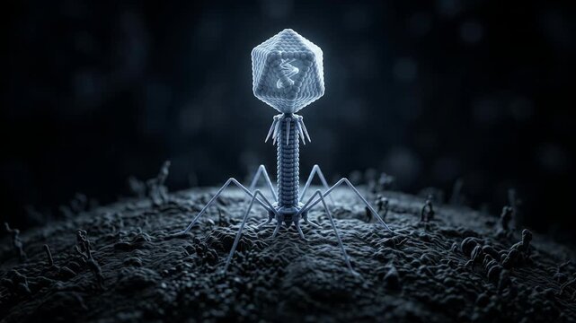 Bacteriophage virus attacking a bacterial cell surface 3D macro