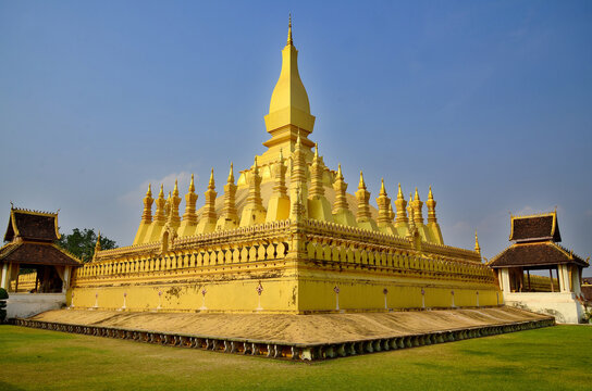 VIENTIANE LAOS:  Pha That Luang "Great Stupa" is a gold-covered Buddhist stupa the capital city of Laos. Since its initial establishment, suggested to be in the 3rd century AD