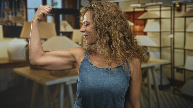Woman flexes bicep and smiles while turning her head in a lamp showroom studio, wearing a sleeveless denim dress and necklace; confidence strength.
