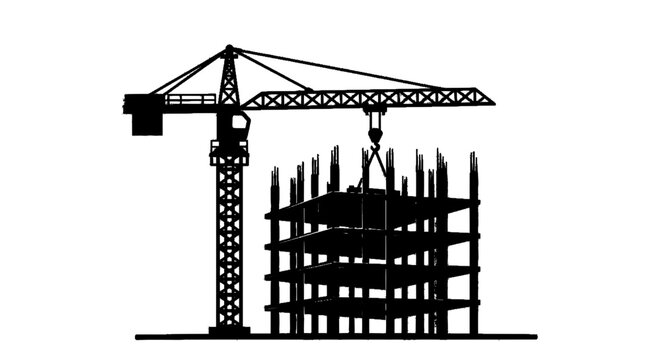 Minimal black silhouette icon, simple flat vector, bold black shape, no gradients, no shading silhouette of a construction crane lifting a building floor section on a, flat icon style