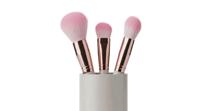 Minimal black silhouette icon, simple flat vector, bold black shape, no gradients, no shading set of three makeup brushes with pink bristles in a ceramic holder on a, flat icon style