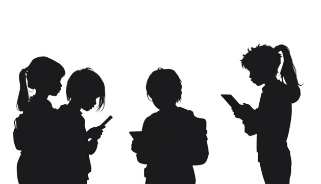 Students stand in a row while using individual mobile tablets to complete their digital school assignments in this minimalist silhouette composition that features generous copy space for text.