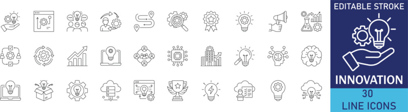 Business innovation and creative technology breakthrough line icon set. Vector symbols for new idea generation, revolutionary startup thinking, digital transformation, and future product development.