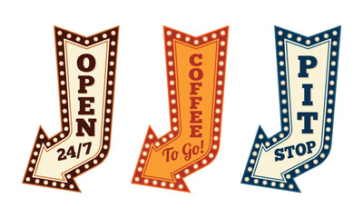 Set of three retro illuminated arrow signs, featuring vintage marquee lights, with open, coffee, and pit stop text advertising designs. © Farhana