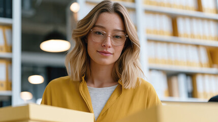 Fototapeta premium Paralegal in a law office sorting legal case documents into archival storage boxes, with folder shelves behind, representing records management and compliance.