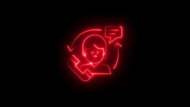 Glowing neon customer support icon animation isolated on a black background. Seamless looping icon featuring a support agent with a phone, speech bubble, and circular arrows