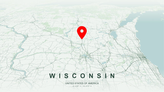 Modern minimalist vector map of Wisconsin. High-quality scalable illustration of Wisconsin state geographic boundaries, Lake Michigan and Lake Superior shoreline networks for posters design.