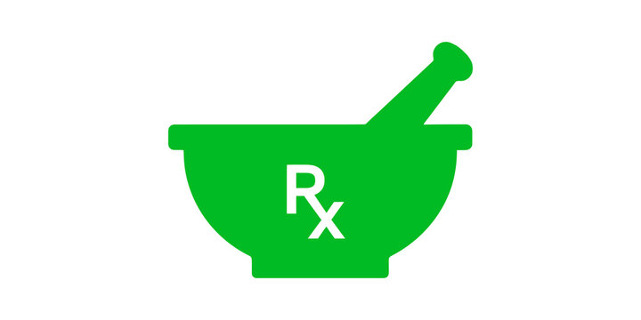 Green pharmacy mortar and pestle icon with Rx symbol on transparent background