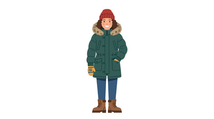Woman wearing green winter parka and red knitted beanie. © enla99