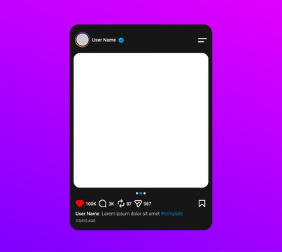 Instagram Dark Mode Post UI UX Template Mockup with Transparent Content Section and Image Placeholder, Profile, Like, Comment, Share and Save Buttons for Social Media App Interface Vector Illustration
