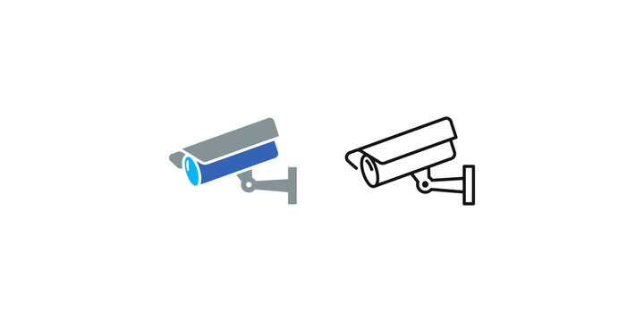 Blue and gray security camera with outline on transparent background