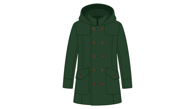 Green wool duffle coat with toggle buttons.
