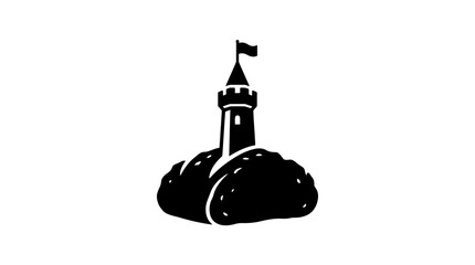 Black castle silhouette on rocky hill with flag. © enla99