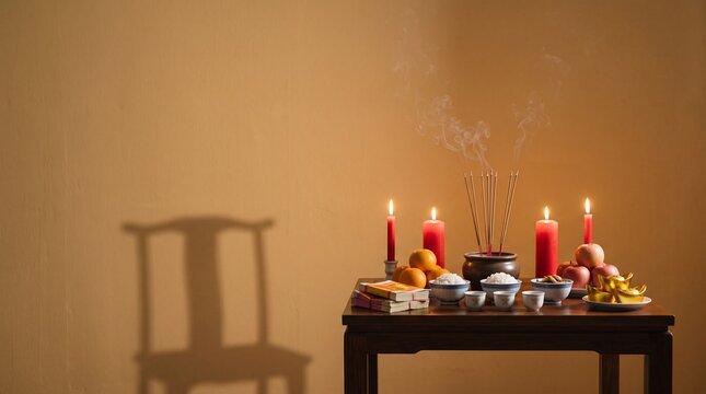 Respectful ghost month editorial, Hungry Ghost Festival altar mood, Incense smoke candlelight and chair shadow, Conceptual ritual scene, Clean copy space