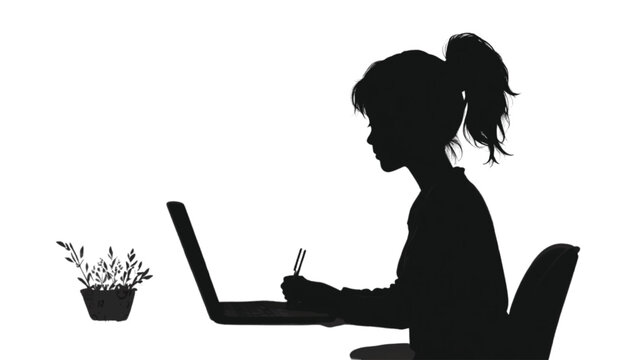 Student writes in a notebook while utilizing a laptop at a table decorated with a small plant to complete academic assignments in a peaceful and well organized home office setting for learning.