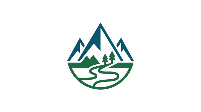 Stylized mountain landscape with river circular icon.