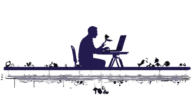 Businessman sits at a desk while interacting with a flower and a laptop to represent a balance between nature and technology in a modern workspace that provides enough copy space for custom branding.