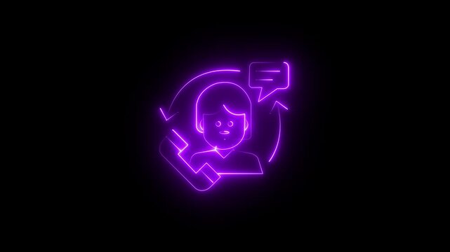 Glowing neon customer support icon animation isolated on a black background. Seamless looping icon featuring a support agent with a phone, speech bubble, and circular arrows