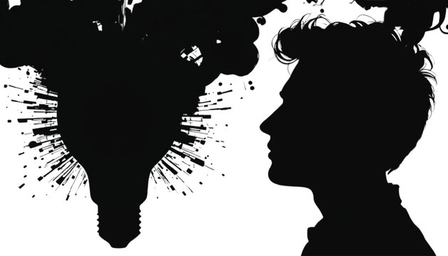 Silhouette of a man gazes at an exploding lightbulb that represents a brilliant creative spark or a sudden epiphany occurring within his mind, symbolizing the power of human intellect and innovation.