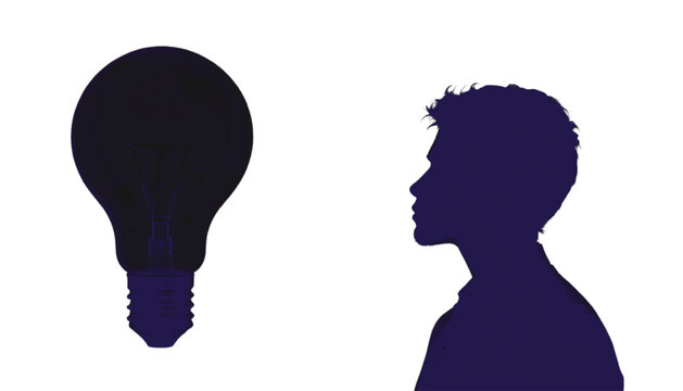 Silhouette of a person stares at a dark lightbulb to represent a moment of deep contemplation or the absence of immediate creative ideas during a difficult process of complex problem solving.