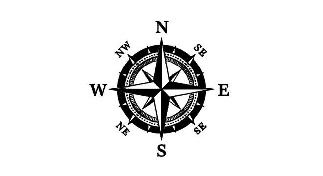 Minimal black silhouette icon, simple flat vector, bold black shape, no gradients, no shading compass rose icon, vintage nautical navigation symbol, vector illustration on a, flat icon style