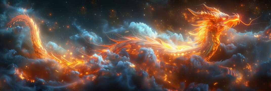 Colossal mythological phoenix serpent creature with glowing wings flying over a mystical ocean at sunset. Epic fantasy illustration of a legendary beast.