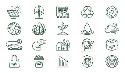Fototapeta premium Environmental Ecology Line Icon Collection with Renewable Energy Nature Conservation Recycling and Sustainable Living Symbols