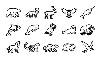 Arctic Animals Icons Set, Wildlife Vector Illustrations, Polar Fauna Collection, Cute Mammals and Birds © Designhoost Ltd